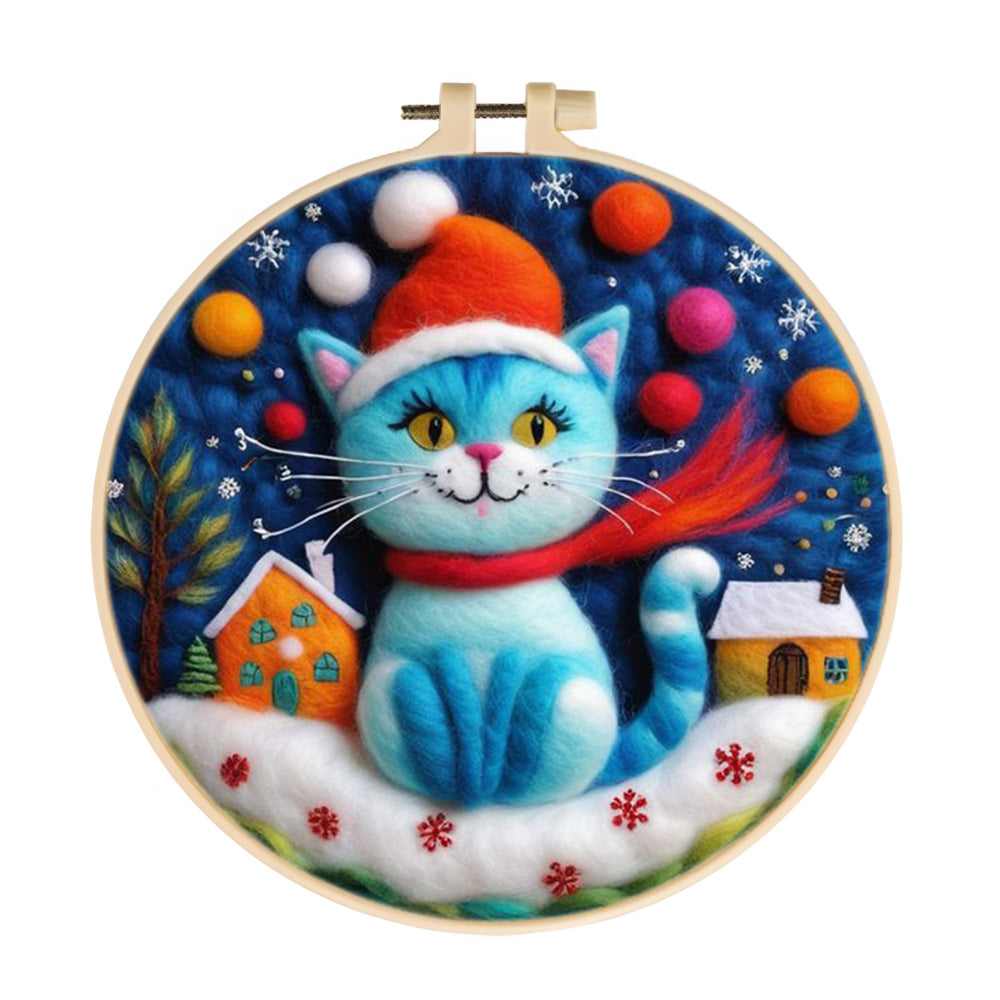 Blue Cat & Snow Houses Wool Needle Felting Painting Kit