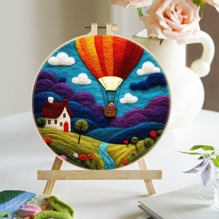 A Hot Air Balloon Fly over Hillsides Wool Needle Felting Painting Kit