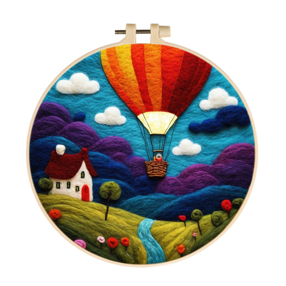 A Hot Air Balloon Fly over Hillsides Wool Needle Felting Painting Kit