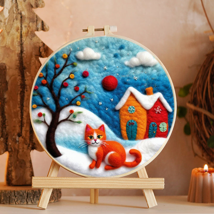 Orange Cat & Snow Houses Wool Needle Felting Painting Kit