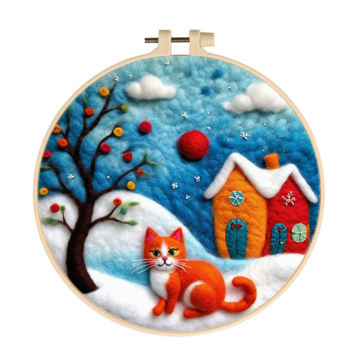 Orange Cat & Snow Houses Wool Needle Felting Painting Kit