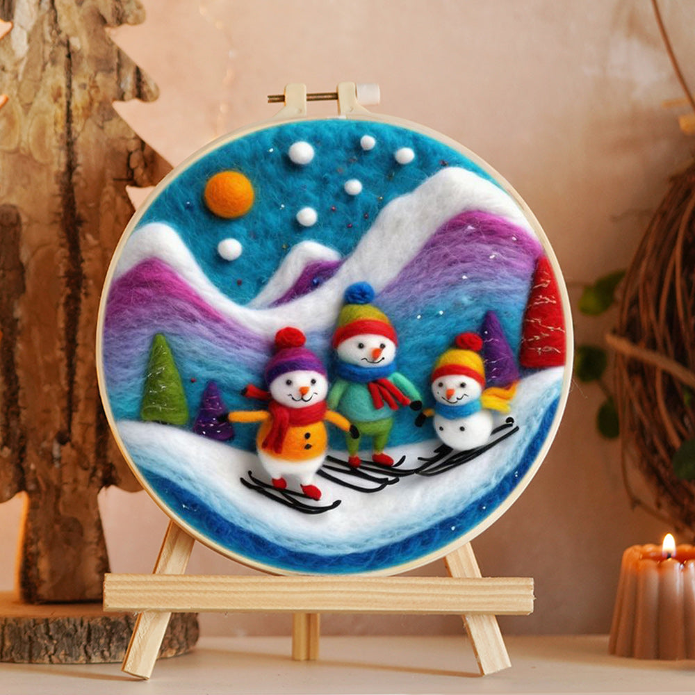 Snowmen Skiing Wool Needle Felting Painting Kit