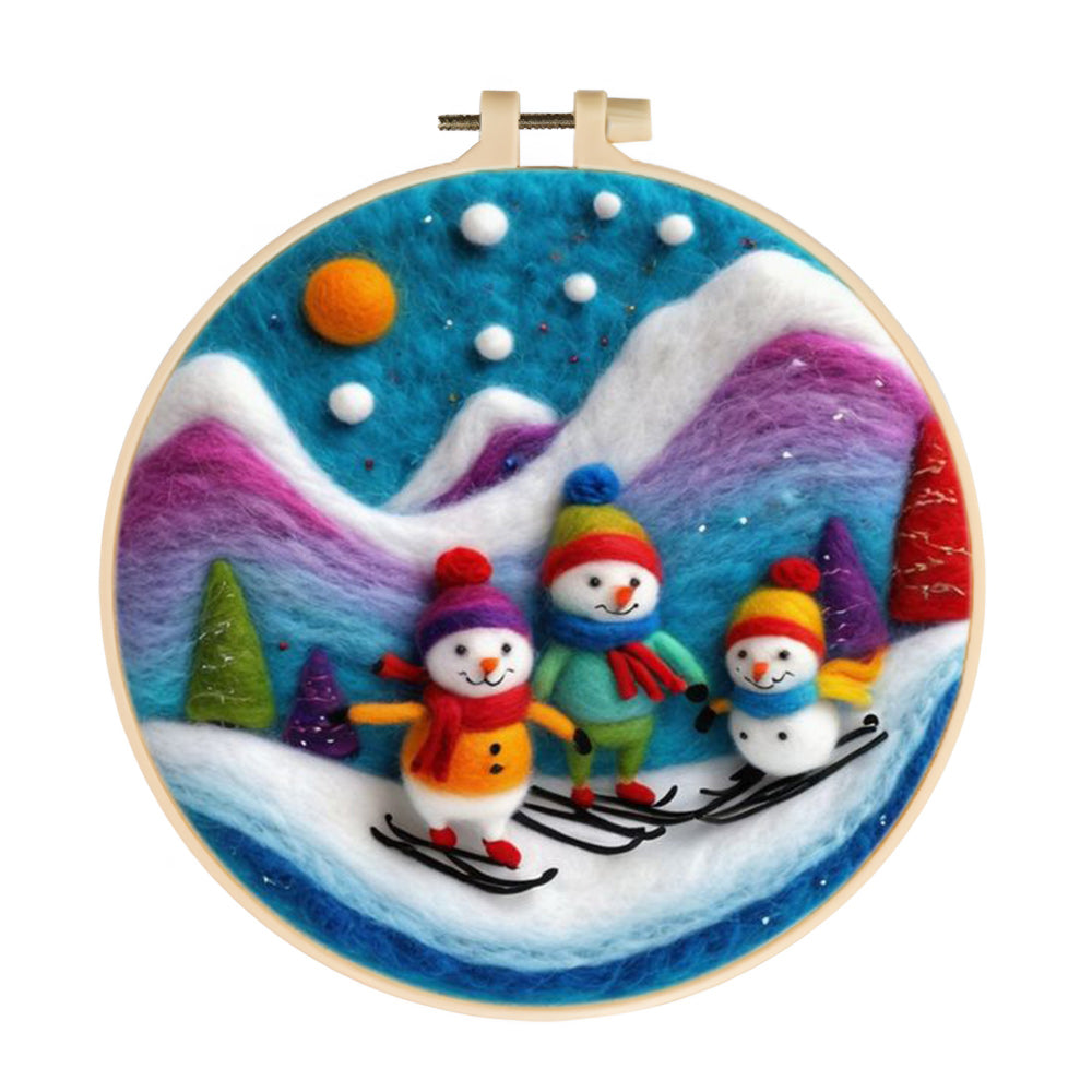 Snowmen Skiing Wool Needle Felting Painting Kit
