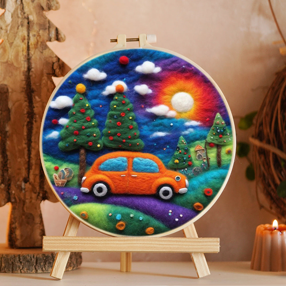 Orange Car in Woods Wool Needle Felting Painting Kit
