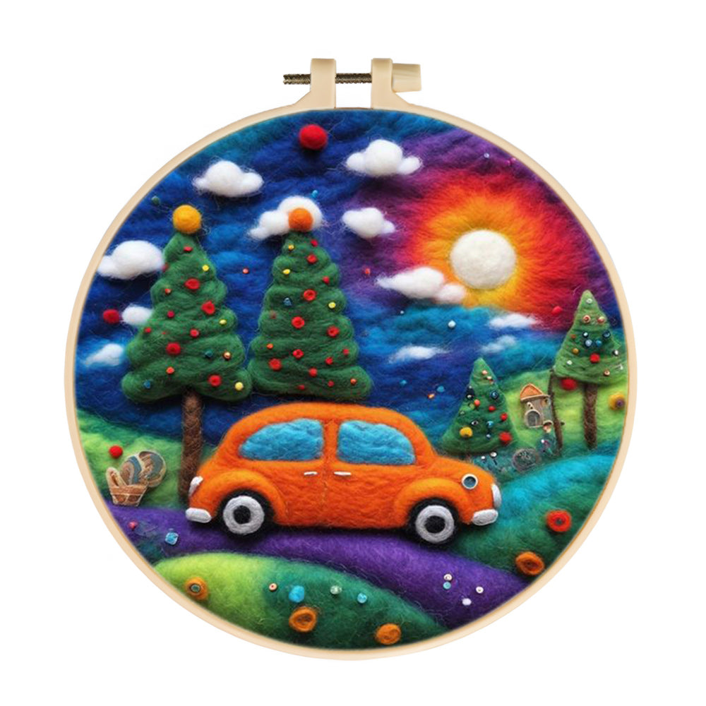 Orange Car in Woods Wool Needle Felting Painting Kit