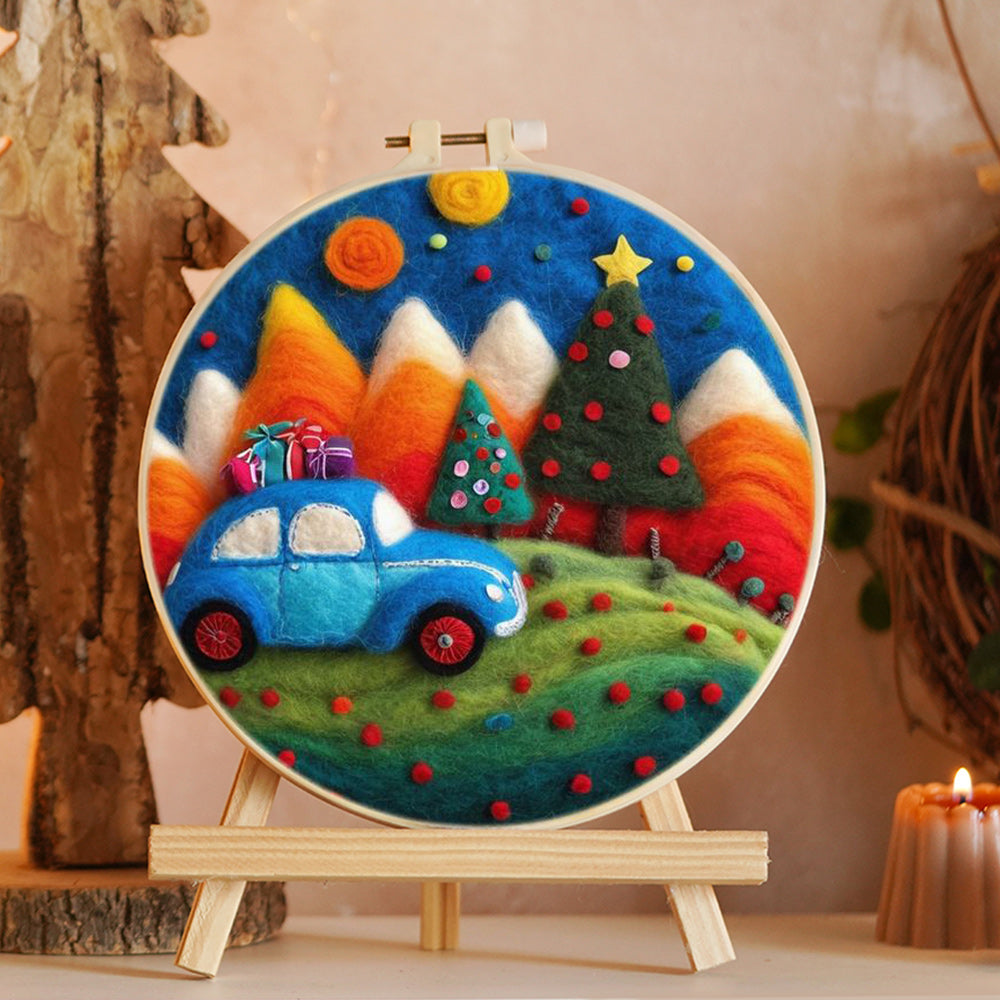 Blue Car with Gifts Wool Needle Felting Painting Kit