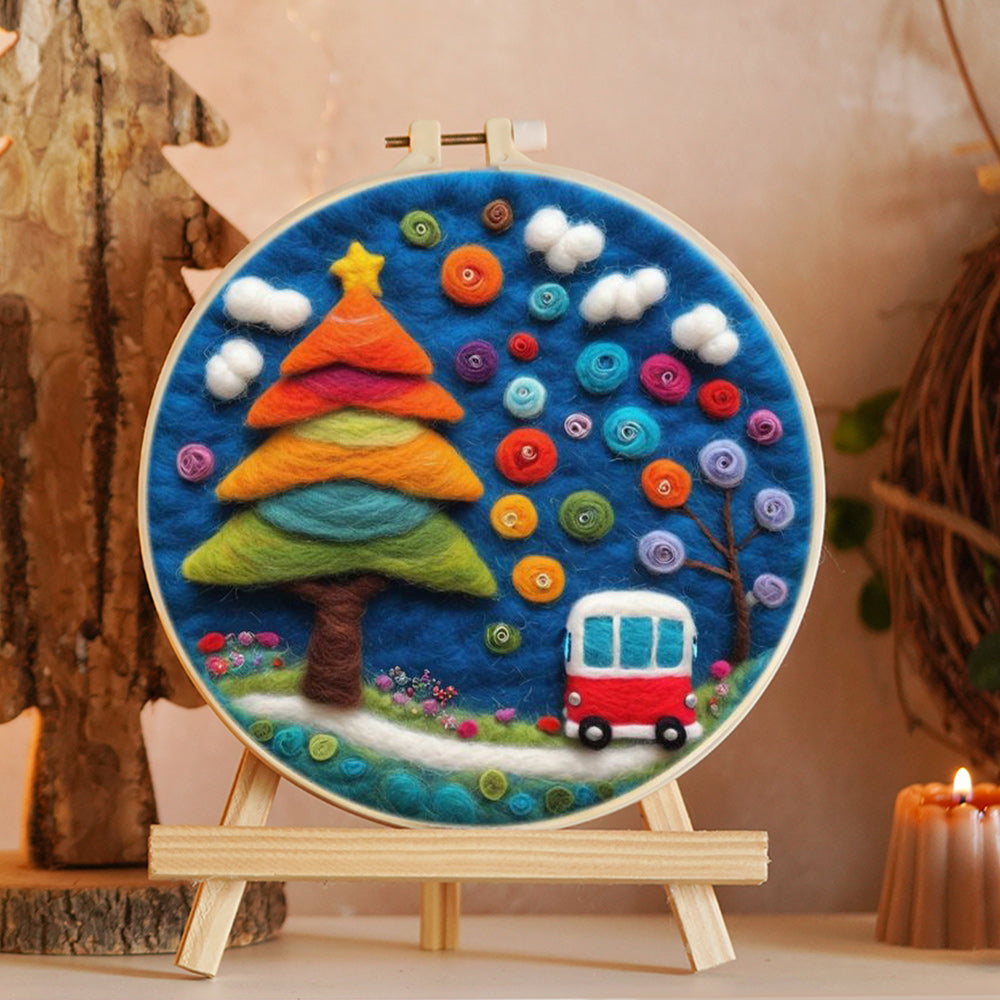 Color Tree & Red Bus Wool Needle Felting Painting Kit