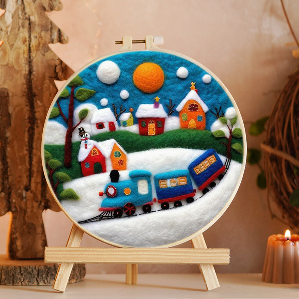 Blue Train & Snow Village Wool Needle Felting Painting Kit