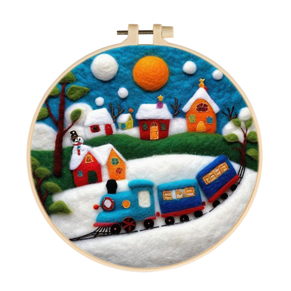 Blue Train & Snow Village Wool Needle Felting Painting Kit