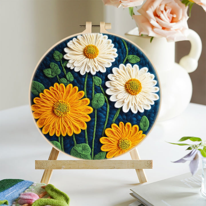 White and Orange Chrysanthemums Wool Needle Felting Painting Kit