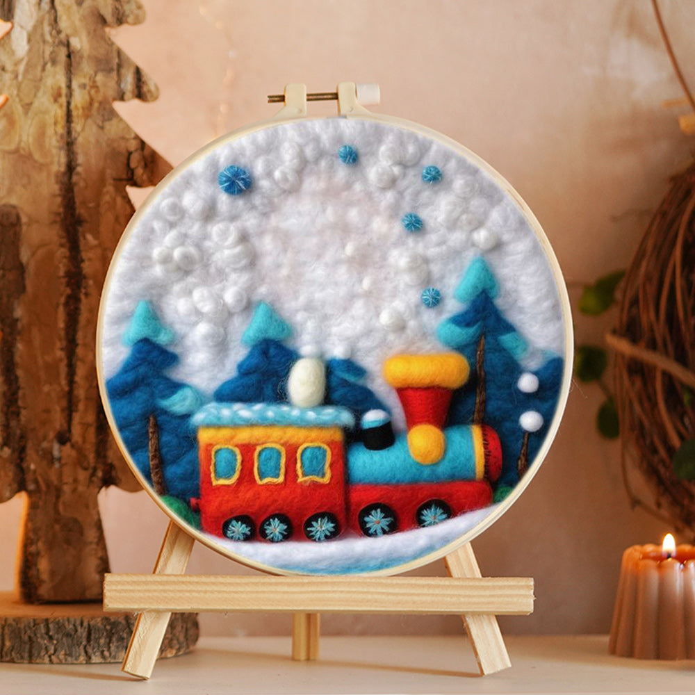 Red Train in Snowy Woods Wool Needle Felting Painting Kit