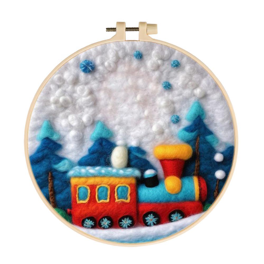 Red Train in Snowy Woods Wool Needle Felting Painting Kit