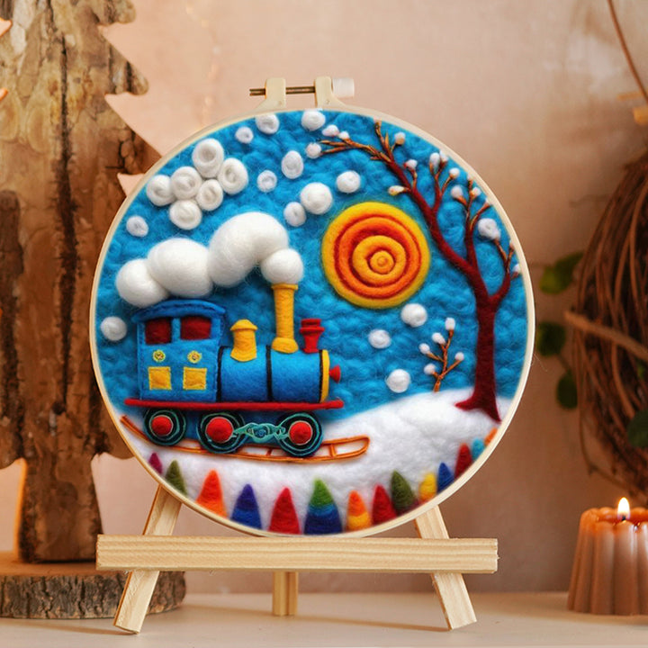 Blue Train Winter Scene Wool Needle Felting Painting Kit