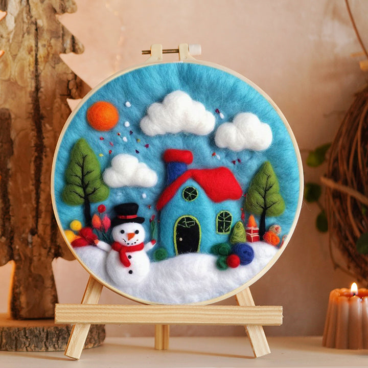 Snow Cottage & Tophat Snowman Wool Needle Felting Painting Kit
