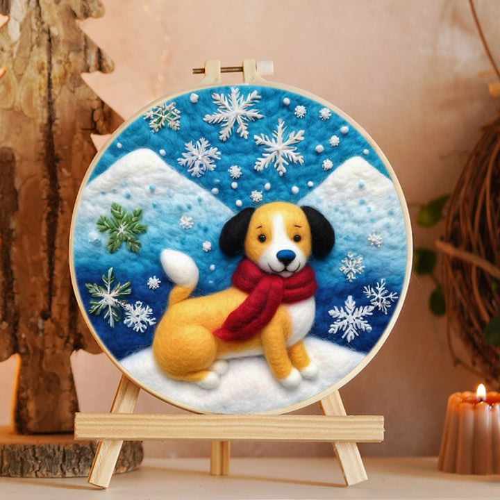 Dog with Red Scarf in Snow Wool Needle Felting Painting Kit