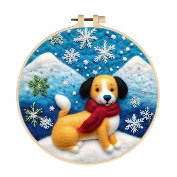 Dog with Red Scarf in Snow Wool Needle Felting Painting Kit