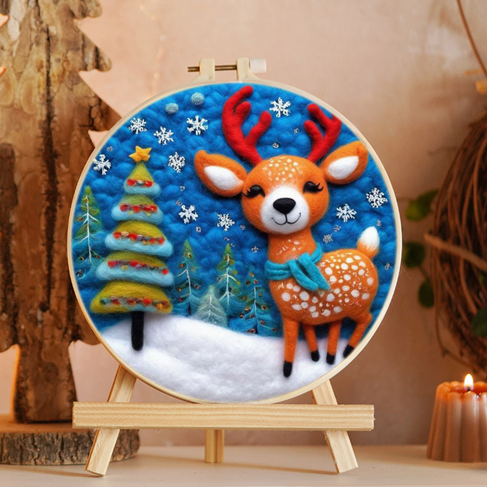 Deer with Blue Scarf Wool Needle Felting Painting Kit