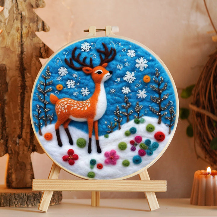 Deer in Snow with Flowers Wool Needle Felting Painting Kit