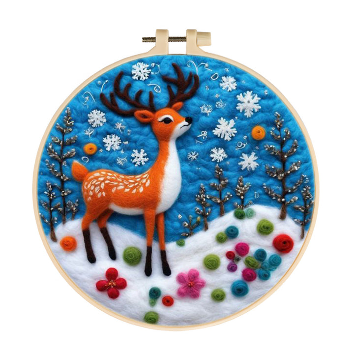 Deer in Snow with Flowers Wool Needle Felting Painting Kit