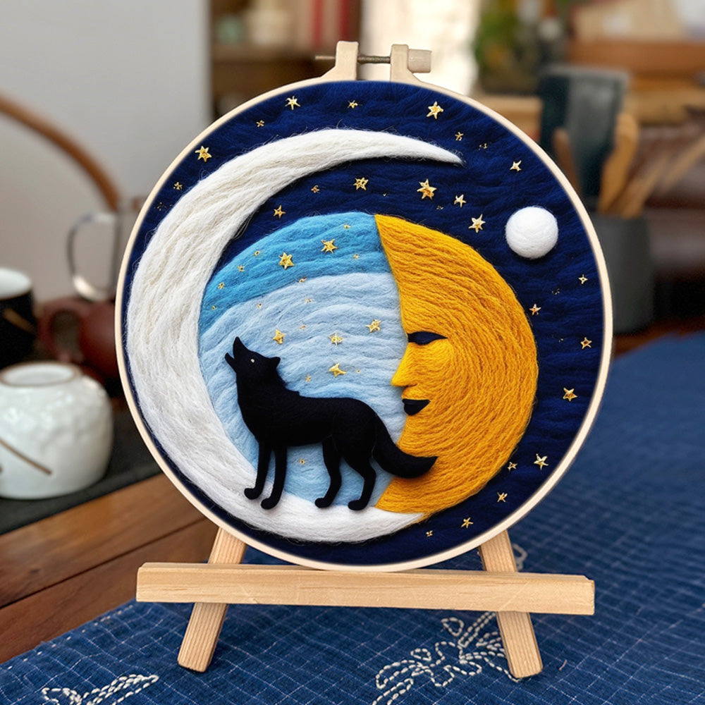 Starry Night and Black Wolf Wool Needle Felting Painting Kit