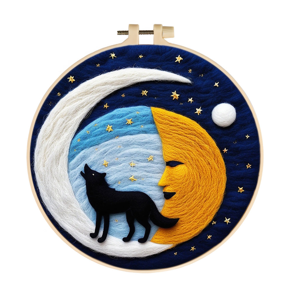 Starry Night and Black Wolf Wool Needle Felting Painting Kit