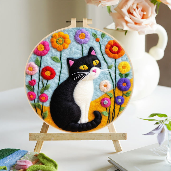 Cat and Colorful Wildflowers Wool Needle Felting Painting Kit