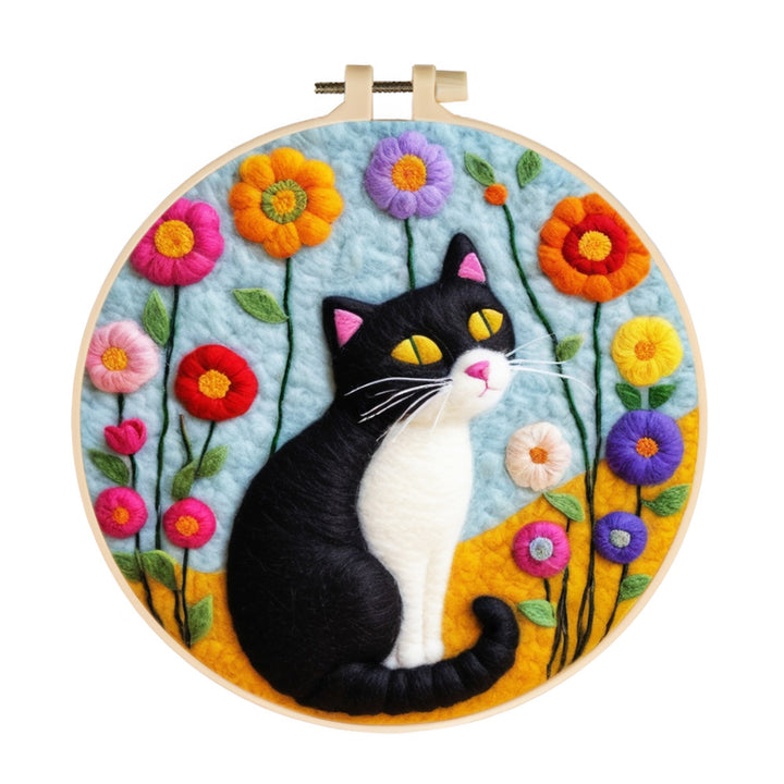 Cat and Colorful Wildflowers Wool Needle Felting Painting Kit