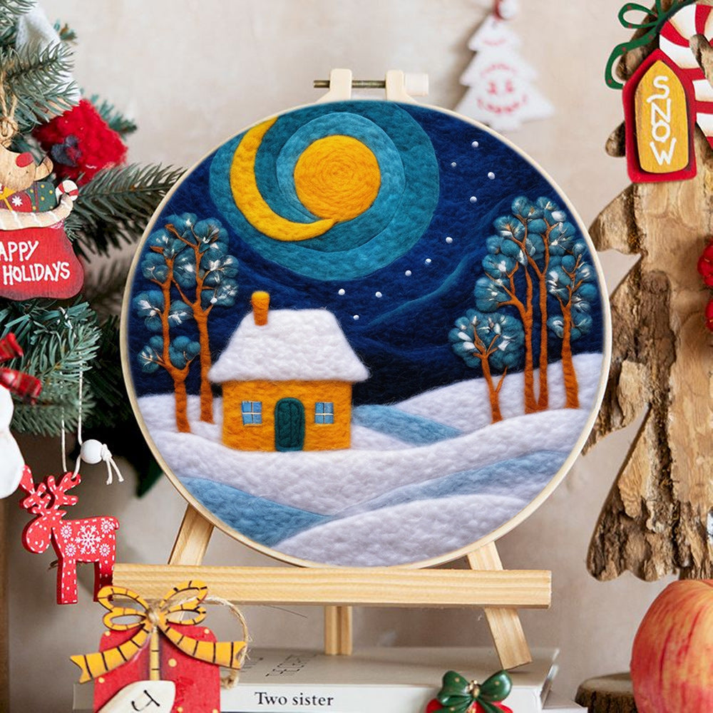 Moonlit Winter Cottage Wool Needle Felting Painting Kit