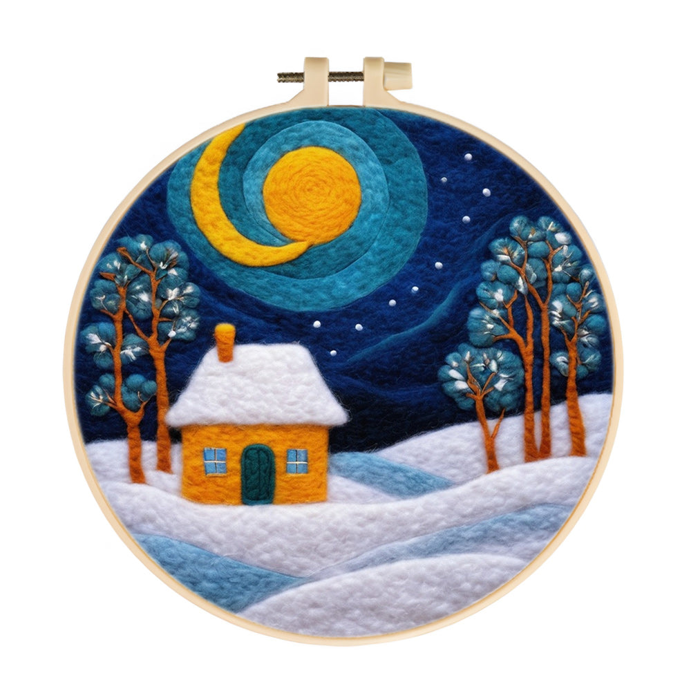 Moonlit Winter Cottage Wool Needle Felting Painting Kit