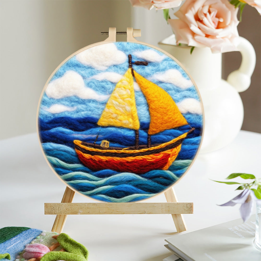Orange Sailboat on the Sea Wool Needle Felting Painting Kit