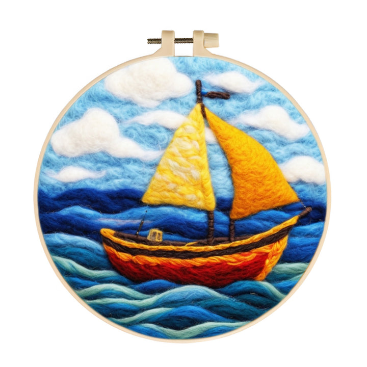 Orange Sailboat on the Sea Wool Needle Felting Painting Kit