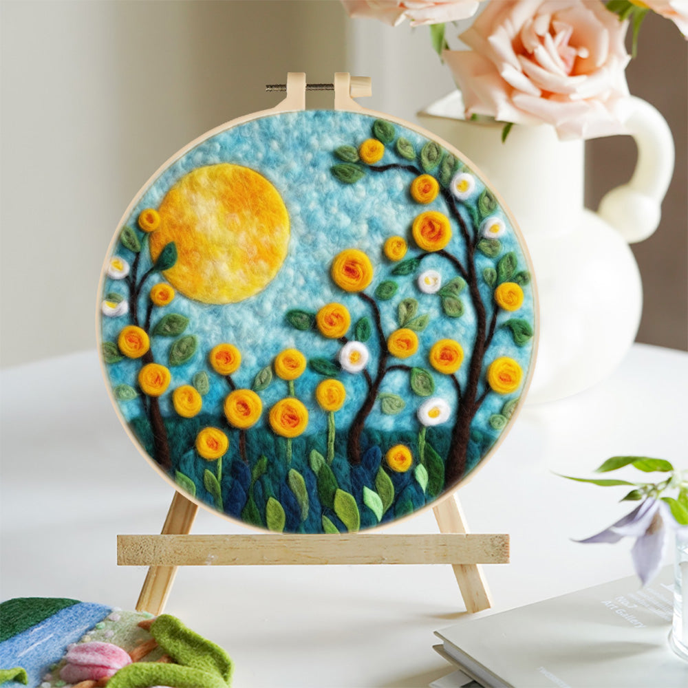 Yellow Flowering Trees and a Full Moon Wool Needle Felting Painting Kit