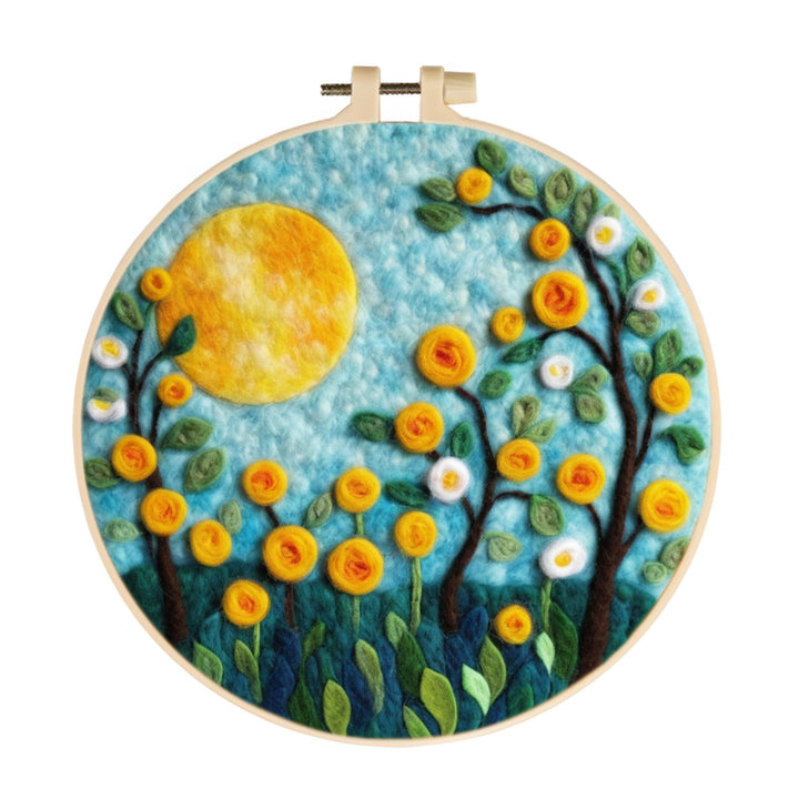 Yellow Flowering Trees and a Full Moon Wool Needle Felting Painting Kit