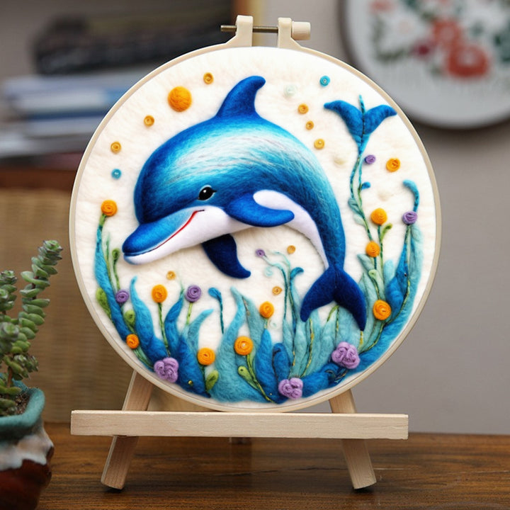 Blue Dolphin and Flowers Wool Needle Felting Painting Kit