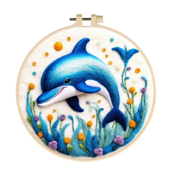 Blue Dolphin and Flowers Wool Needle Felting Painting Kit