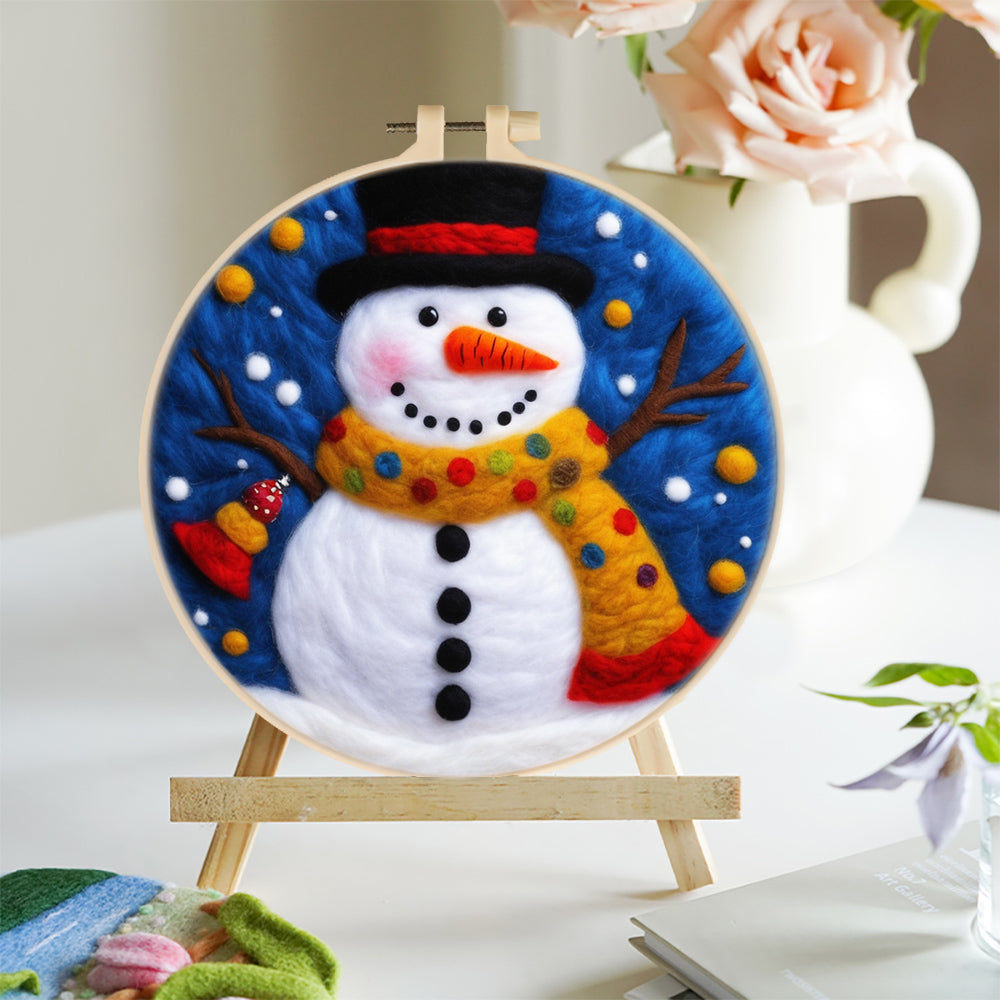 Snowman Wearing an Orange Scarf Wool Needle Felting Painting Kit