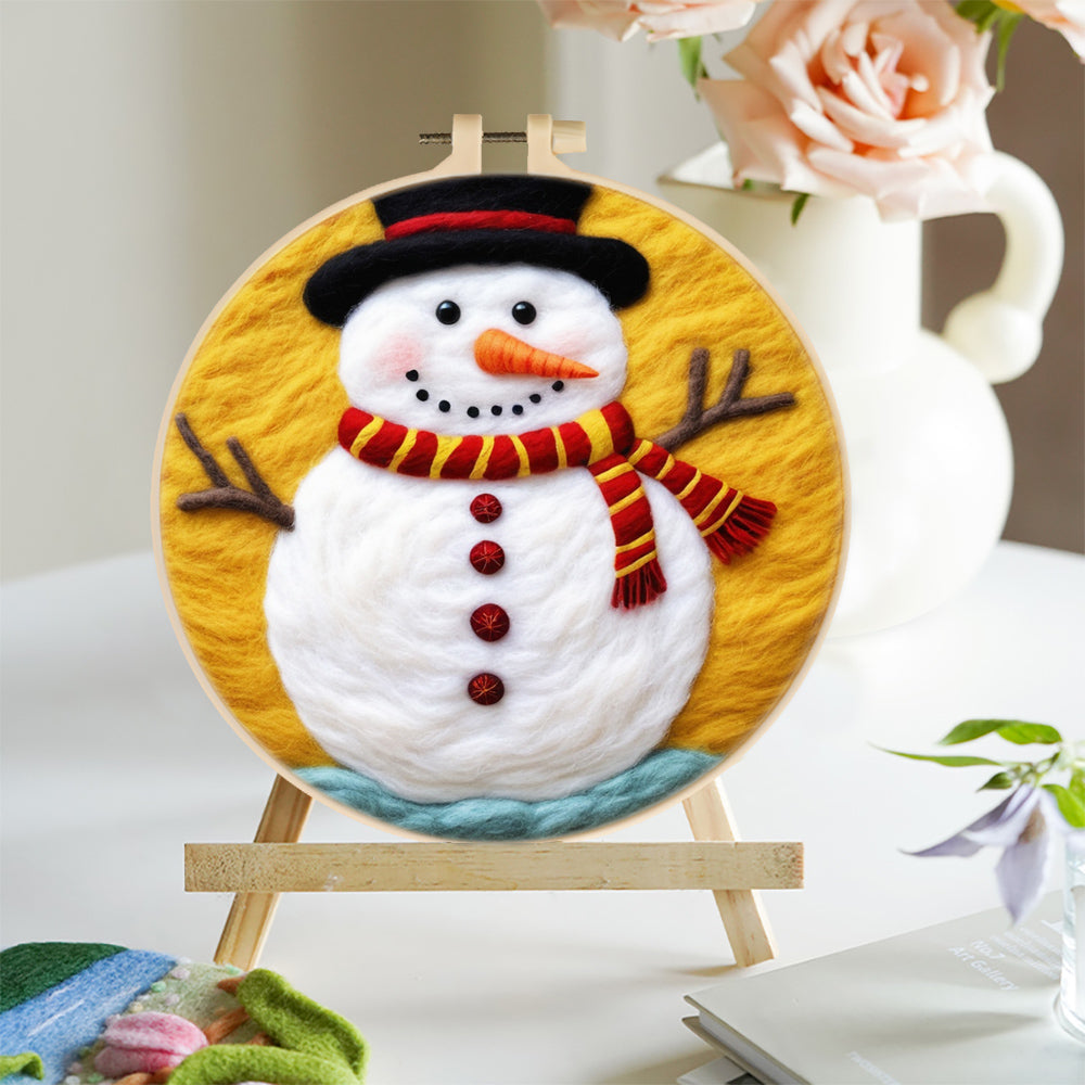 Snowman Wearing a Red and Yellow Scarf Wool Needle Felting Painting Kit