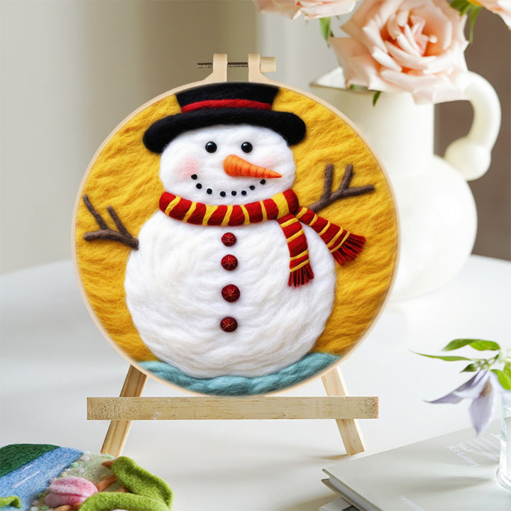 Snowman Wearing a Red and Yellow Scarf Wool Needle Felting Painting Kit