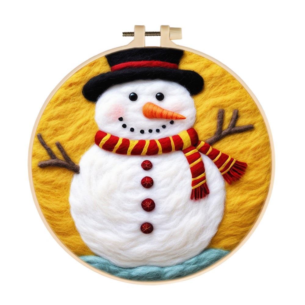 Snowman Wearing a Red and Yellow Scarf Wool Needle Felting Painting Kit