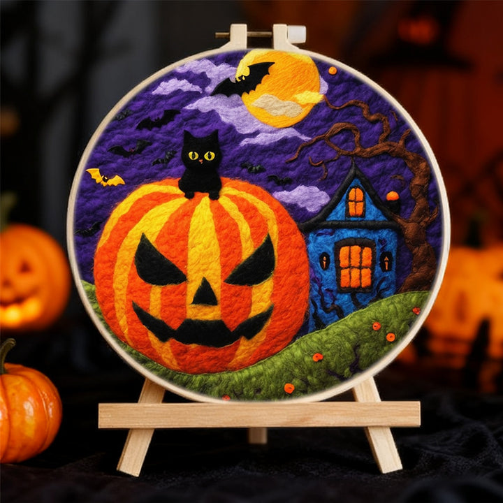 Pumpkin-Lantern Night with a Black Cat Wool Needle Felting Painting Kit