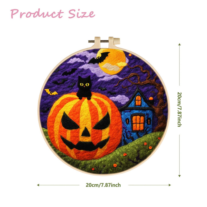 Pumpkin-Lantern Night with a Black Cat Wool Needle Felting Painting Kit