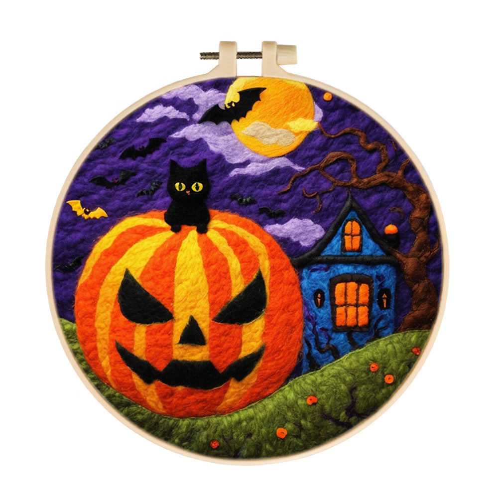 Pumpkin-Lantern Night with a Black Cat Wool Needle Felting Painting Kit
