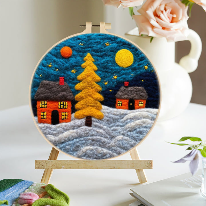 Yellow Christmas Tree and Orange Houses Wool Needle Felting Painting Kit