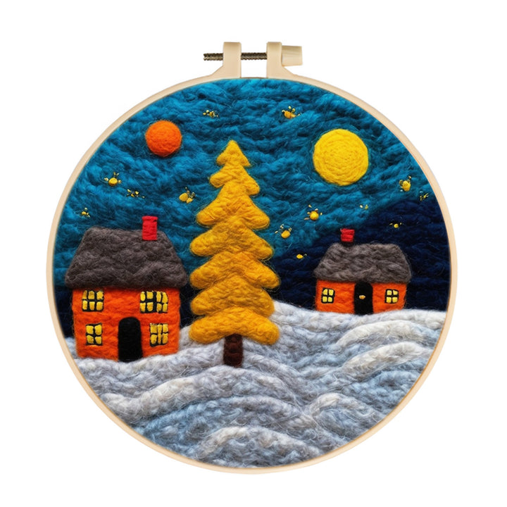 Yellow Christmas Tree and Orange Houses Wool Needle Felting Painting Kit