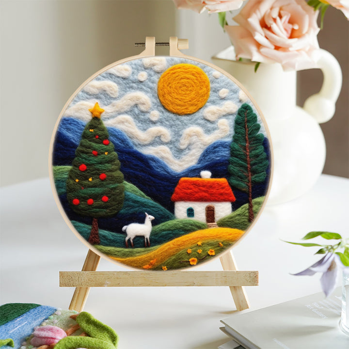 Christmas Trees and House on the Hillside Wool Needle Felting Painting Kit