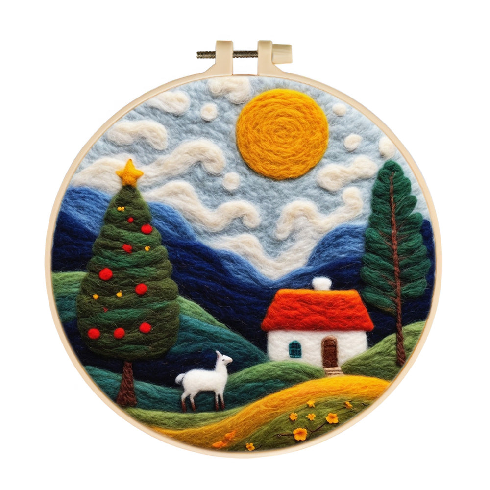 Christmas Trees and House on the Hillside Wool Needle Felting Painting Kit