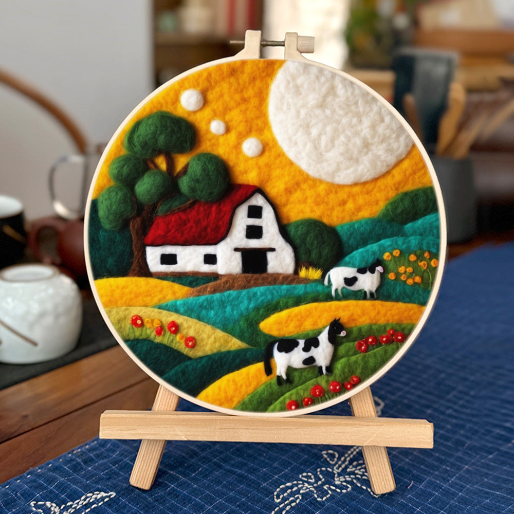 Farm Cows on Colorful Hillsides Wool Needle Felting Painting Kit