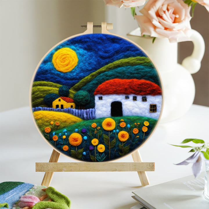Red and White House in the Mountains Wool Needle Felting Painting Kit
