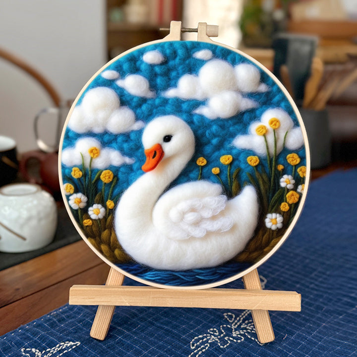 White Swan in the Flower Bushes Wool Needle Felting Painting Kit