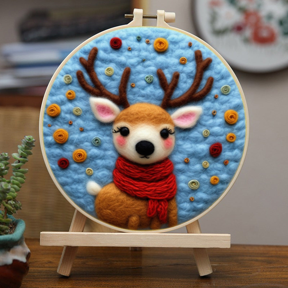 Deer Wearing a Red Scarf Wool Needle Felting Painting Kit